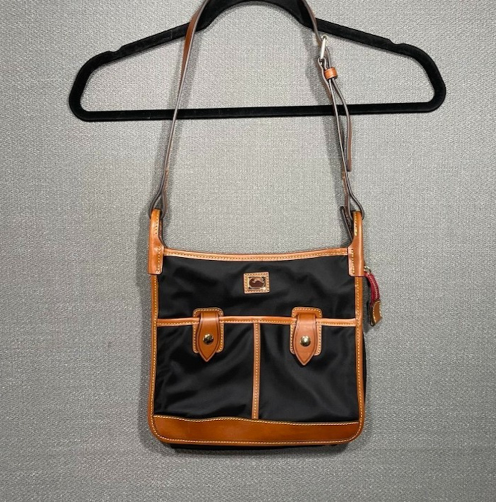 Dooney and Bourke Camden Nylon Double Pocket Crossbody Black Purse Leather Trim